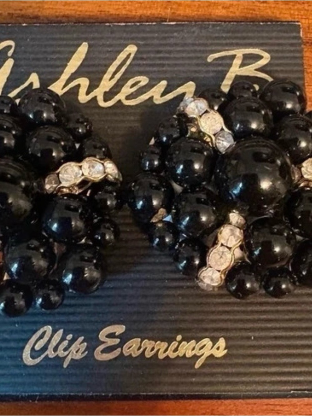 Ashley B International Black Beaded Clip Earrings with Crystal Bands